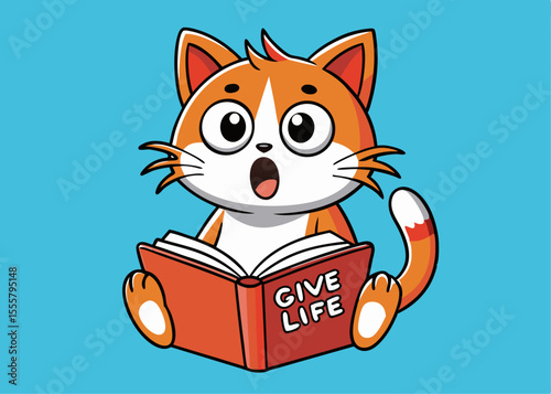 Cartoon Cat Reading a Book Titled Give Life on a Light Blue Background