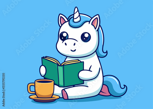 Cute Cartoon Unicorn Reading a Book with a Cup of Coffee Illustration