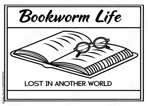 Bookworm Life Illustration with Open Book and Glasses Lost in Another World