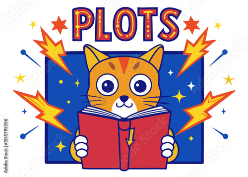 Cartoon Cat Reading a Book Titled Plots with Stars and Lightning Bolts Illustration