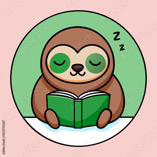 Cute Cartoon Sloth Reading a Book and Falling Asleep Illustration for Children
