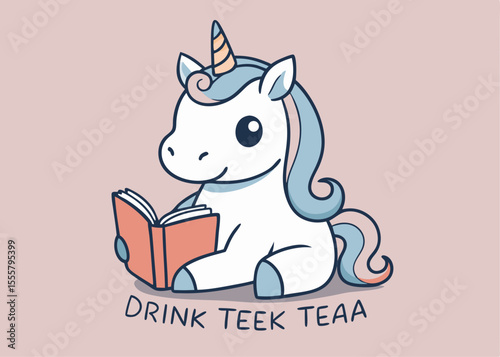 Cute Cartoon Unicorn Reading a Book with Drink Teek Teaa Text on Pink Background