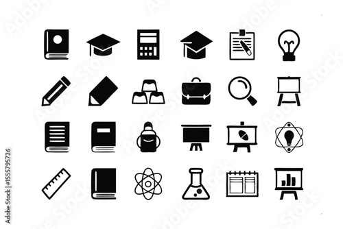 Education Elements: A diverse collection of iconic symbols representing key aspects of education, from academic tools to scientific discovery, all captured in a modern, illustrative style.