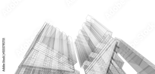 Architecture background. Perspective 3d Wireframe of building design.