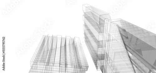 Architecture background. Perspective 3d Wireframe of building design.