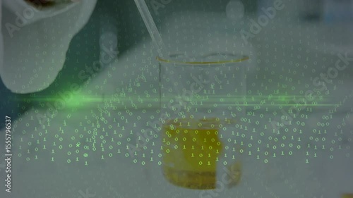 Gloved hand pipetting droplet into beaker while code stream and moving scan line visualizing data
