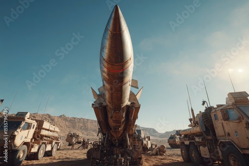 A weathered missile stands upright mounted on a carrier amid military vehicles in a desert landscape under a clear blue sky