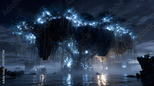 A massive floating island with bioluminescent crystal trees and dangling roots mist spiraling upward in a high contrast scene of glowing wood energy