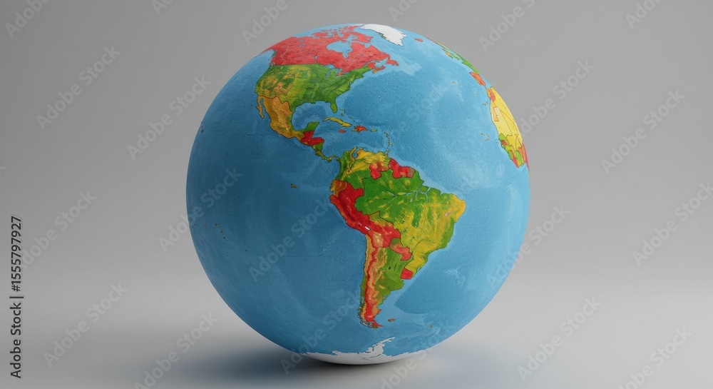 Obraz premium Hand-painted colorful globe on gray background. Artistic world map of Americas. High-resolution geography photograph.
