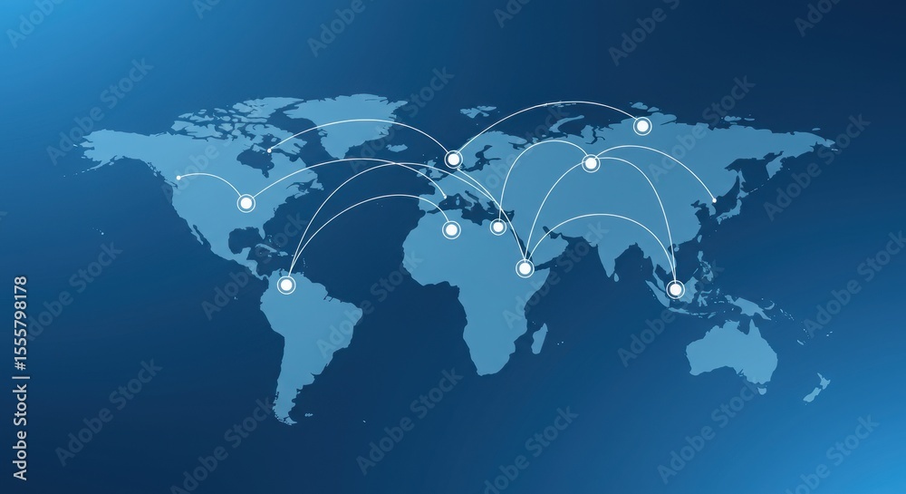 Obraz premium Blue gradient world map with white nodes. Digital illustration of global technology. Network-like international communication.
