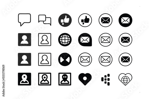 Social Media Icon Set: An assortment of vector-style icons represents essential digital interactions, encompassing messaging, social approval, direct communication.