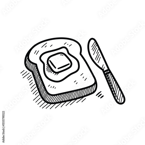 Doodle style black and white illustration of a toast with a melting butter square and a knife. Perfect for breakfast themes, bakery designs, or food related hand drawn artwork collections.