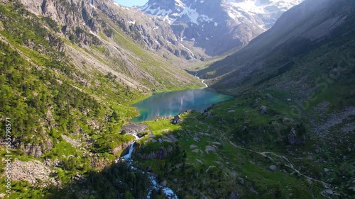 Aerial view of Lake Estom. Lake Gaube is a lake in the French Pyrenees, in the Hautes-Pyrénées department, near the town of Cauterets