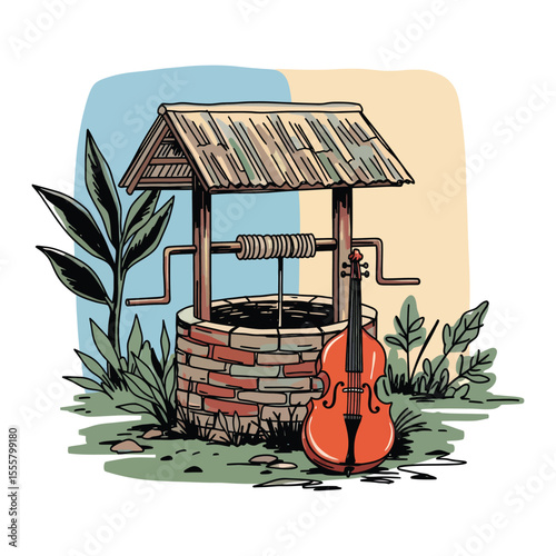 Illustrated Water Well with Wooden Roof and Orange Cello Leaning Against It.