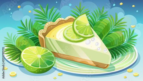 A slice of key lime pie glows with pale green filling and a cloud of whipped cream. Tiny flecks of lime zest sprinkle the top. The light is crisp and cool, with reflections from a nearby glass of lemo