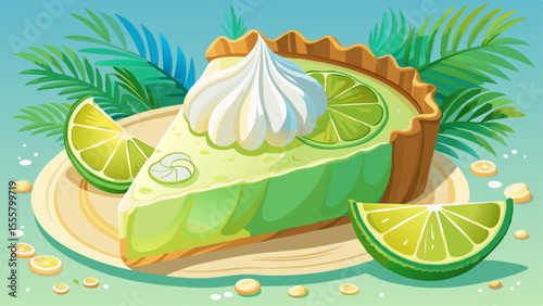 A slice of key lime pie glows with pale green filling and a cloud of whipped cream. Tiny flecks of lime zest sprinkle the top. The light is crisp and cool, with reflections from a nearby glass of lemo