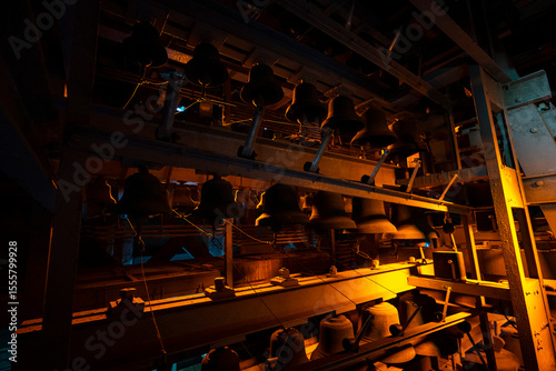 Mechanism of carillon bells in the belfry of Douai, Nord, Hauts-de-France, France. 12-29-2024. 