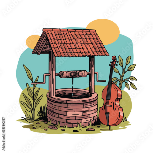 Illustrated Water Well with Red Tile Roof and Upright Bass.