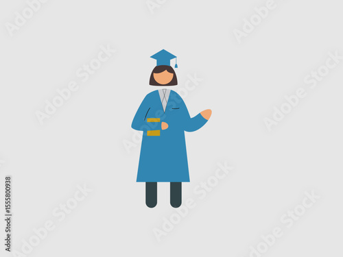 a stylized female figure in a blue graduation gown and cap