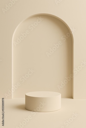 Minimalist Beige Podium and Arch for Product Display, Orange Cylindrical Podium, Abstract 3D Render of a Product Podium