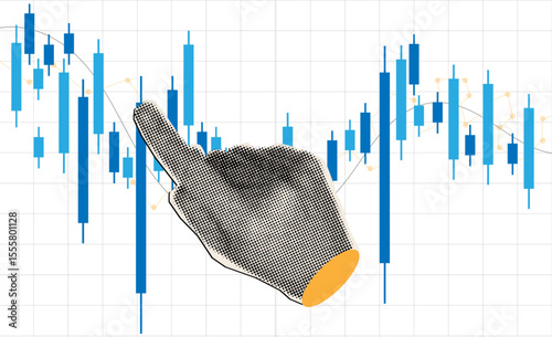 Business candle stick graph chart of stock market investment trading on white background with halftone pointing hand,business analytics and marketing concept