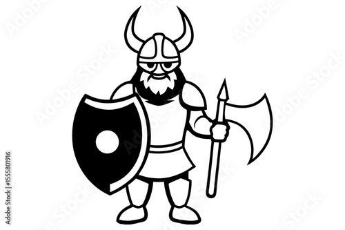 A cartoon viking warrior stands holding a shield and axe in black and white