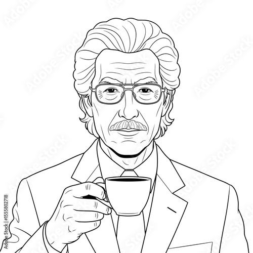 Portrait of an elegant man holding a cup in a formal suit with glasses in minimalist line art style with copy space