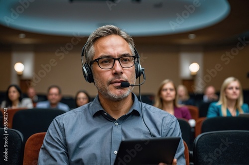 Man with headset at a conference