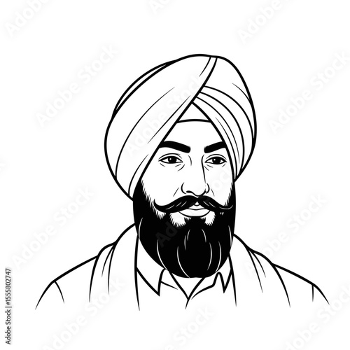 Portrait of a man wearing a turban and beard in minimalist line art style with copy space