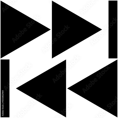 Fast skip and back icons, forward and backward vector graphics, bold design of two pairs of black arrows and vertical bar with isolated background.