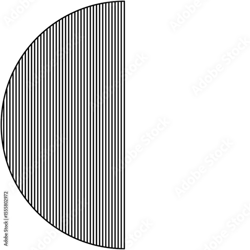 Half-circle precisely cut and filled with pattern of closely spaced vertical black lines on isolated background, visual texture with the geometric.