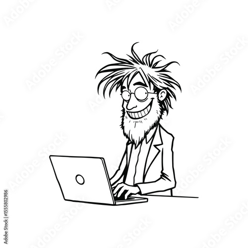Crazy cartoon scientist or professor working on a laptop. Funny genius character with messy hair and a beard having a eureka moment. Vector sketch illustration