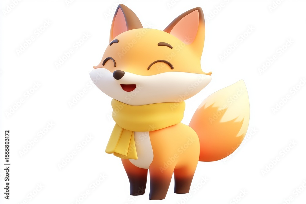Fototapeta premium 3D cartoon fox icon with terracotta orange scarf and cream beige fur in ultra-high-definition isometric view on white background