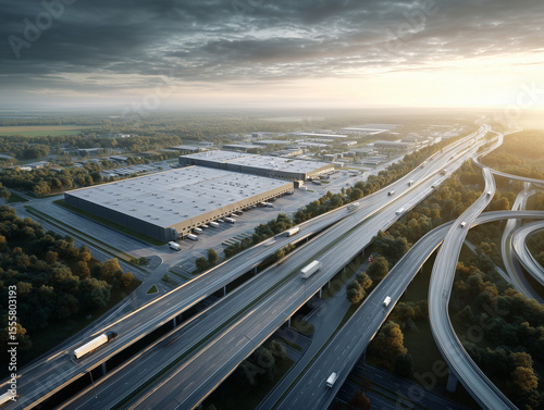 Modern logistics concept with aerial view of a large distribution center, trucks arriving and departing, surrounded by highway connections