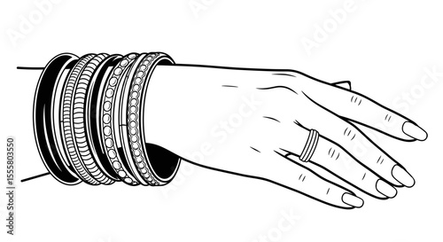 Hand adorned with multiple bangles and a stylish manicure in minimalist line art style with copy space