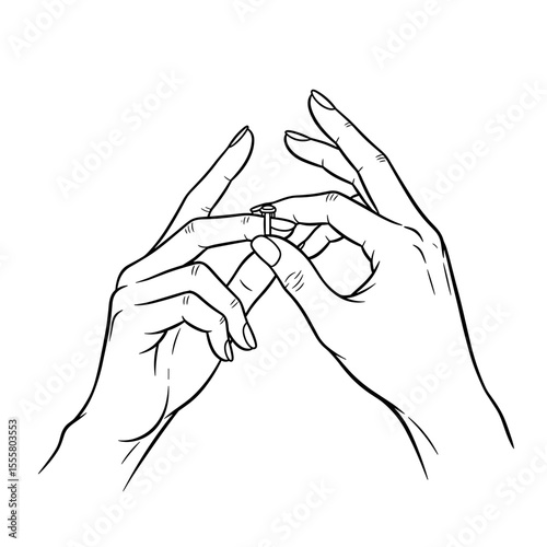 Hands putting on a ring in a delicate gesture in minimalist line art style with copy space