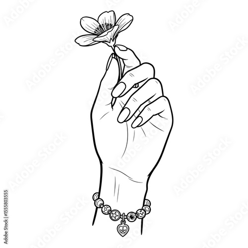Hand holding a flower with elegant manicure and bracelet in minimalist line art style with copy space