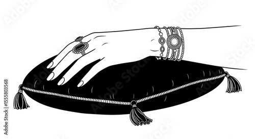 Hand resting on a plush pillow adorned with rings and bracelets in minimalist line art style with copy space