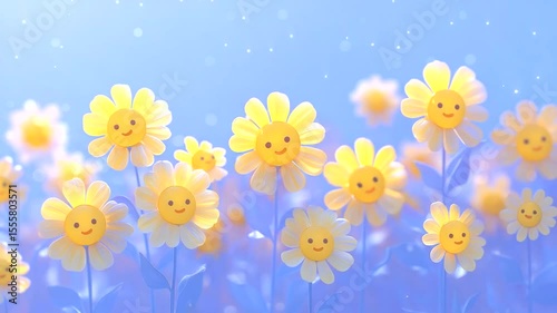Happy Sunflowers with Faces on a Dreamy Blue Background
