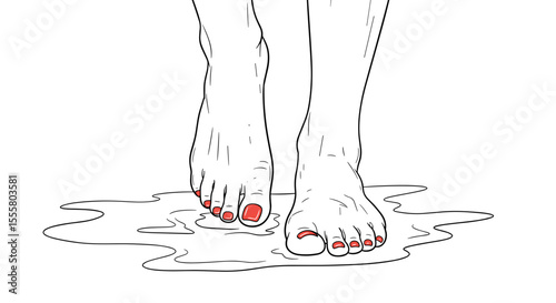 Feet stepping into water with red nail polish in minimalist line art style with copy space