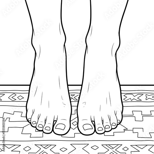 Feet standing on a patterned rug in minimalist line art style with copy space