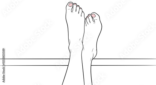 Feet with pink nail polish resting on a ledge in minimalist line art style with copy space
