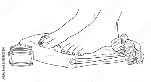 Feet on a towel with cream and orchids in a pedicure setting in minimalist line art style with copy space