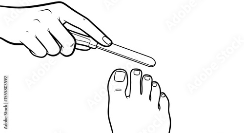Hand using a file on a toenail in a pedicure setting in minimalist line art style with copy space
