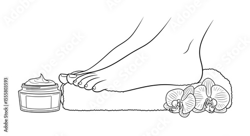 Feet resting on a towel with cream and orchid flowers in a pedicure setting in minimalist line art style with copy space