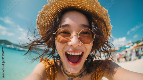 Cheerful young woman wearing a straw hat and round sunglasses taking a selfie on a sunny beach, radiating summer vibes and happiness