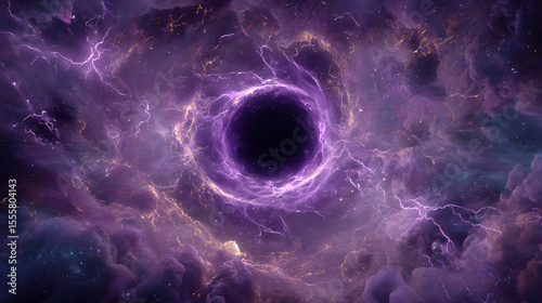 A cosmic wormhole with a pulsating amethyst core surrounded by swirling vortexes of energy and cracks in space emitting violet light in a surreal galaxy