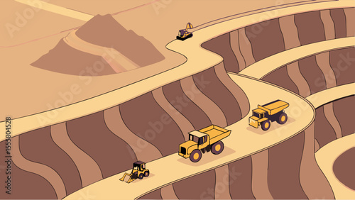 Cartoon Illustration of Mining Operation with Trucks and Excavators.