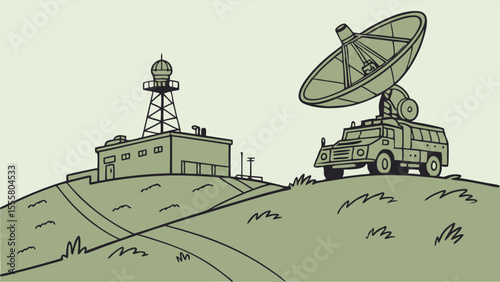 Cartoon Illustration of a Military Base and Satellite Truck on a Hill.