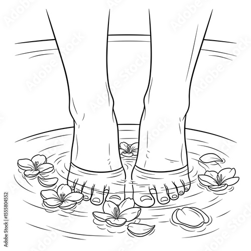Feet soaking in a spa foot bath with flower petals in minimalist line art style with copy space